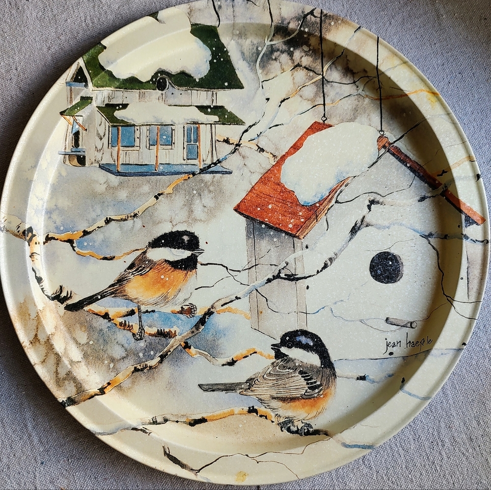 Set of 2 Metal Decorative Platters with Art by Jean Haefele Birds in Snow